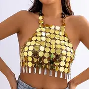 [CABODYALS] 1Pc Sequin Body Chain Top Tassel Outfit Glitter Halter Backless Crop Top Plastic Summer Beach Sexy Jewelry Chest Chains Hollow Out Bikini Tank Tops for Women Nightclub Rave Party