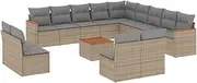 vidaXL Modular Garden Sofa Set - 14 Piece Mix Beige PE Rattan with Cushions, Acacia Wood Table - Outdoor Patio Lounge Furniture