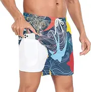 [GuoChe] Men Beach Shorts Men's 2 in 1 Workout Shorts Colorful Swallows Birds Animal Blue with Compression Liner Swimming