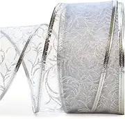 Silver Christmas Ribbon Wired Ribbons for Christmas Tree Home Decor Wire Sheer Organza Glitter with Metallic Trim for Gifts Bows Gift Wrapping, Crafts, Floral Xmas Trees 20Yd 2.5 in Wide 1 Roll Large