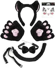 Roicaholy Cat Costume with Fluffy Black Kitten Ear Headband Bowtie Collar Paw Gloves Tails for Halloween Party Cosplay