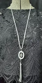 Natural White Agate, and Sterling Silver with Leather Tassel Necklace