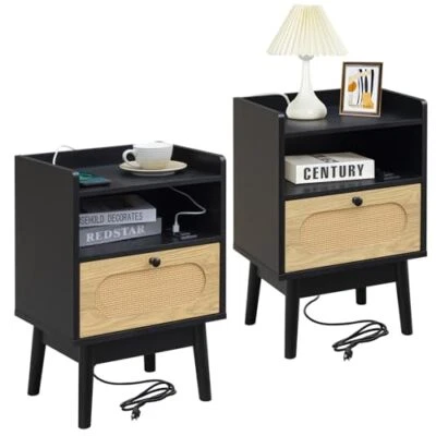 Lomojo Rattan Nightstand Set of 2, Bedside Table with Charging Station, Black2