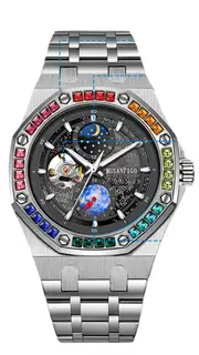 Luxury Automatic Mechanical Watch – Night Glow Dial with Sun, Moon & Star Design