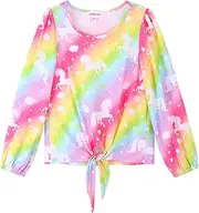 [JESKIDS] Girls Short Sleeve Shirts Ruffle Tie Front Unicorn/Tie Dye Print Summer Tee Tank Tops 3-11 Years