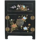 New Chinese Black Bedside Table - Hand Painted Flowers and Birds (BC-M12B-FL)