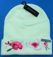 BEBE Women's Beanie Hat Ivory Sequin Embroidered Floral Knit Logo New w Tags