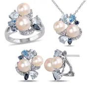 Amour Silver FW Pearl & Multi-Gemstone Pendant, Chain, Earrings & Ring Set