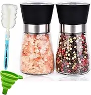 2Pcs Premium Stainless Steel Salt and Pepper Grinder Adjustable Ceramic Sea Salt Grinder & Pepper Grinder - Tall Glass Salt and Pepper Shakers Pepper Mill Salt Mill with Free Funnel