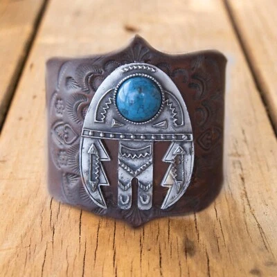 Western Leather Cuff Bracelet Tribal Hand Tooled Southwestern Design