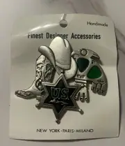 Silver Tone Metal Western Cowboy Boot Hat Star Brooch Pin Green