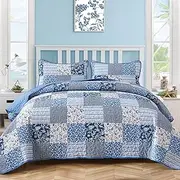 Mybedsoul Blue Boho Quilt Set King Size,3 Pieces Plaid Floral Bedspread Coverlet Set for All Season,Patchwork Reversible Bedding Set King 90"x104"