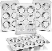 P&P CHEF Muffin Pan Cupcake Baking Pan Set, Stainless Steel Muffin Tin Tray for Mini Cake Tart Quiche, Oven & Dishwasher Safe, Non-toxic & Heavy-duty, (6 Cup, 4Pcs)