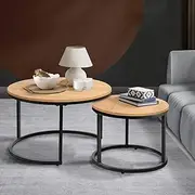 OIKITURE Nesting Coffee Table Set of 2 - Round Stacking Side Table Φ70CM+50CM, Marble-Texture Tabletop Sturdy Base, Easy Assembly for Living Room, Natural Color
