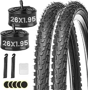2 Pack Mountain Bike Tire Set,26x1.95-Inch Foldable Replacement Puncture-Proof Bicycle Tires and Pair of 26-Inch Inner Tubes with Repair Kit for Mountain Bikes, Cyclocross Bikes.