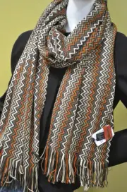 MISSONI Italy Womens Zig Zag Brown Beige Camel Wool Scarf Shawl Pashmina