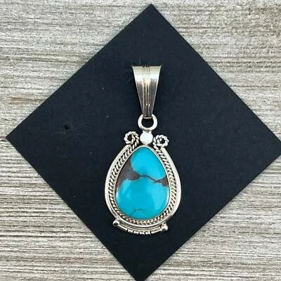 Kingman Turquoise, sterling silver pendant #4, Navajo Handmade by Samuel Yellow