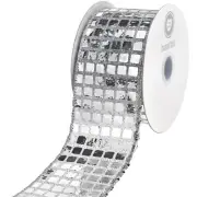 Metallic Disco Ball Sequins Wired Ribbon, 2-1/2-inch, 10-yard, Silver