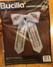 Vintage Bucilla Counted Cross Stitch Kit Deck The Walls Christmas Bow 11.5”x17”