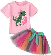 [SOFEON] Toddler Baby Girl Birthday Cake Smash Outfit T-Rex Dinosaur Short Sleeve T-Shirt Colourful Tutu Skirt Set 1-6Y(Pink-3t,3T(100)), Multicolor-3t