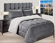 Elegant Comfort Premium Quality Heavy Weight Micromink Sherpa-Backing Reversible Down Alternative Micro-Suede 3-Piece Comforter Set, Queen, Grey