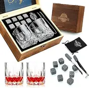 Whisky Stones Glasses Gift Set, 2 Crystal Bourbon Scotch Glasses 8 Whiskey, Premium Wooden Gift Box Burbon Present for Whisky Lovers/Men/Christmas/Birthday/Holiday/Retirement/Father’s Day