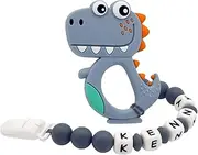 Panny & Mody Personalised Baby Dummy Clip With Name for Newborn Boys, Silicone Dinosaur Teether Teething Toys for Gift (Grey)
