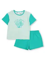 Miss Mango Elasticated Waist Girls 8-16 Contrast Sleeve Pj Short Set, Blue, Size 8
