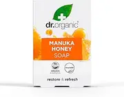Dr Organic Manuka Honey Soap Bar, Restoring, Dry Skin, Mens, Womens, Natural, Vegetarian, Cruelty-Free, Paraben & SLS-Free, Plastic Free, Recycled & Recyclable, Organic, 100g, Packaging may vary