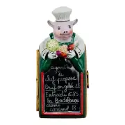 Rochard Limoges Porcelain Trinket Box Pig Chef With Menu Hand Painted RARE