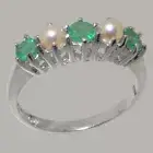 10k White Gold Natural Emerald & Pearl Womens Eternity Ring - Sizes 4 to 12