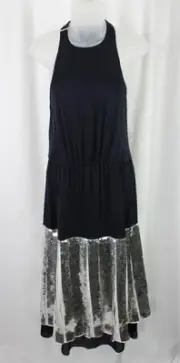 Tibi NWT Women's Navy Blue Silver Silk Claude Sequins Layered Halter Dress Sz 2