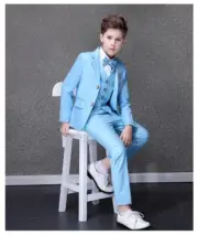 Sky Blue Photograph Suit Flower Boys Wedding Dress Kids Tuxedo Party Wear