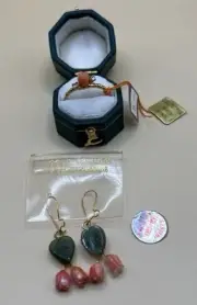 Vintage Gold Filled Earrings &Ring Set Genuine Salmon Coral & Jade Hand carved N