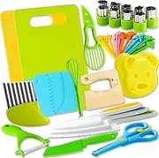 46 Pcs Kids Knife Set, Kids Cooking Set, Montessori Kitchen Tools for Toddlers, Toddler Gifts with Safe Knives/Crinkle Cutter/Cutting Board/Peeler/Fruit Cutters Shapes