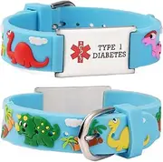 [linnalove] Cartoon Blue Dinosaur Medical id Bracelet Parents Gift to Son, Daughter, Brother, Sister-Pre-Engraving Type 1 Diabetes