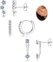 [Sanfenly] 3 Pairs Sterling Silver Stud Hoop Earrings Set for Women Teen 925 Sterling Silver Cartilage Earrings Stud Earring Huggie Earrings Set