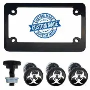 Black Motorcycle License Plate Frame + 4 Knurled Bolt Kit White Zombie Biohazard