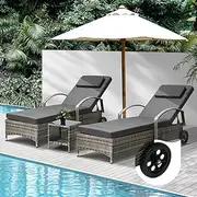 Livsip Sun Lounge 2Pcs with Table Wheeled Outdoor Furniture Rattan Wicker Sun Lounger Grey