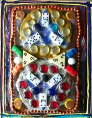 Original Abstract Art, Pop Mandala Collage Painting, Toys Games Coins Gems Beads