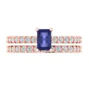 1.4ct Emerald Round Cut Tanzanite Stone Promise Bridal Band set 14k Rose Gold