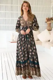 JAASE - Sabrina Maxi Dress: A Line Button Through Dress with Long Sleeves in Nomade Print