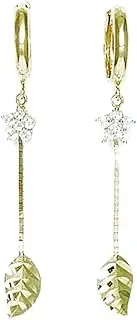 [JewelryWeb] 14k Yellow Gold CZ Simulated Diamond Star With Leaf Hinged Long Drop Dangle Earrings 40x11mm-Dangle Earring for Women