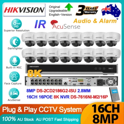 Hikvision 8K 16CH 4K 8MP Darkfighter CCTV System Kit AcuSense Mic Dome IP Camera