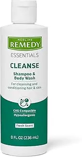 Medline Remedy Essentials Shampoo and Body Wash (8 fl oz), Fresh Scent, Full Body Cleanser with Aloe, For Adults & Elderly, Easy Rinse Gel for Bath, Shower or Bedside Bathing