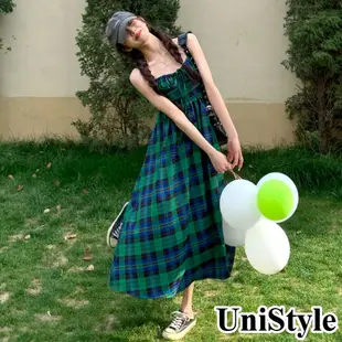 【UniStyle】格紋吊帶洋裝 韓系復古無袖連身裙 女 ZM286-975(藍綠格)
