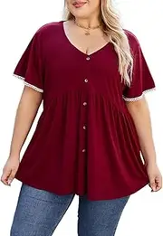 [Beauhuty] Women's Plus Size Shirts V Neck Button Front Tops Lace Ruffle Short Sleeve Blouse Casual Flowy Pleated Tunic Summer