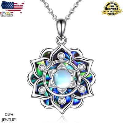 Lotus Necklace 925 Sterling Silver Moonstone Pendant Necklace Yoga Lotus Women