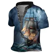 Men's Graphic Ship Henley Shirt Short Sleeve 3D Print Fashion Casual Comfortable Outdoor Daily Going out Summer Dark Brown Pink Red Navy Blue Blue Henley Henle