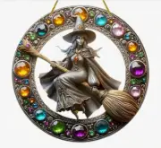 SUNCATCHER-Classic Acrylic Suncatcher Witch On Broom 8" x 8" With Chain